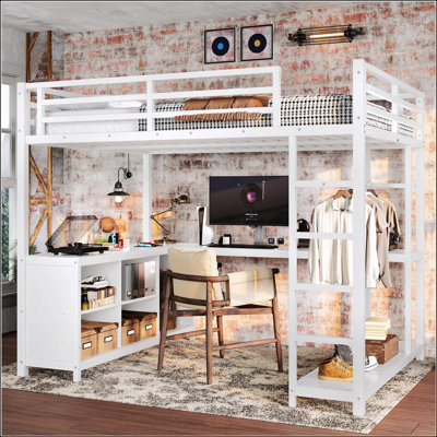 Lit mezzanine double en métal avec garde-robe intégrée, bureau en L et cubes de rangement pour enfants, adolescents et adultes en blanc