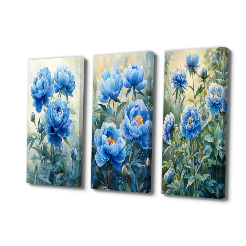Turquoise bleu pivoines dans le jardin I - Collection d'art mural pivoines, H 32 po x l 48 po, Toile tendue
