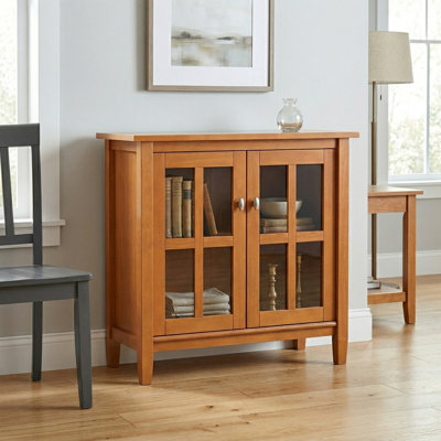 Warm Shaker 32"W Solid Wood Transitional Low Storage Cabinet with Tempered Glass Doors and Adjustable Shelves