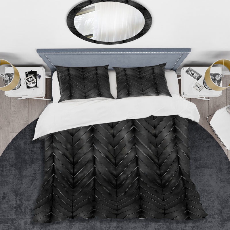 Ensemble de housse de couette moderne noir et gris Herringbone I, Housse de couette simple et deux taies décorative