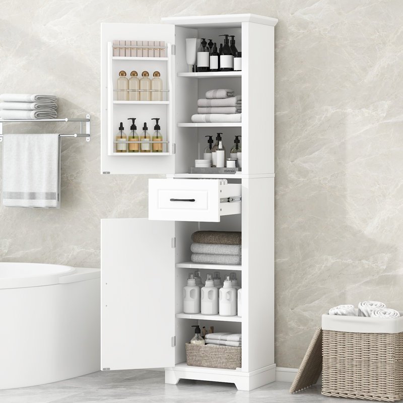 Meuble-lavabo autoportant blanc, conception à double porte avec tablettes de porte, panneau de fibres à densité moyenne peint, tablettes réglables pour un rangement flexible.