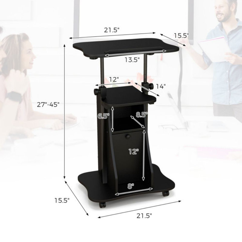 Adjustable Mobile Standing Desk Cart With Tilt Desktop And Cabinet