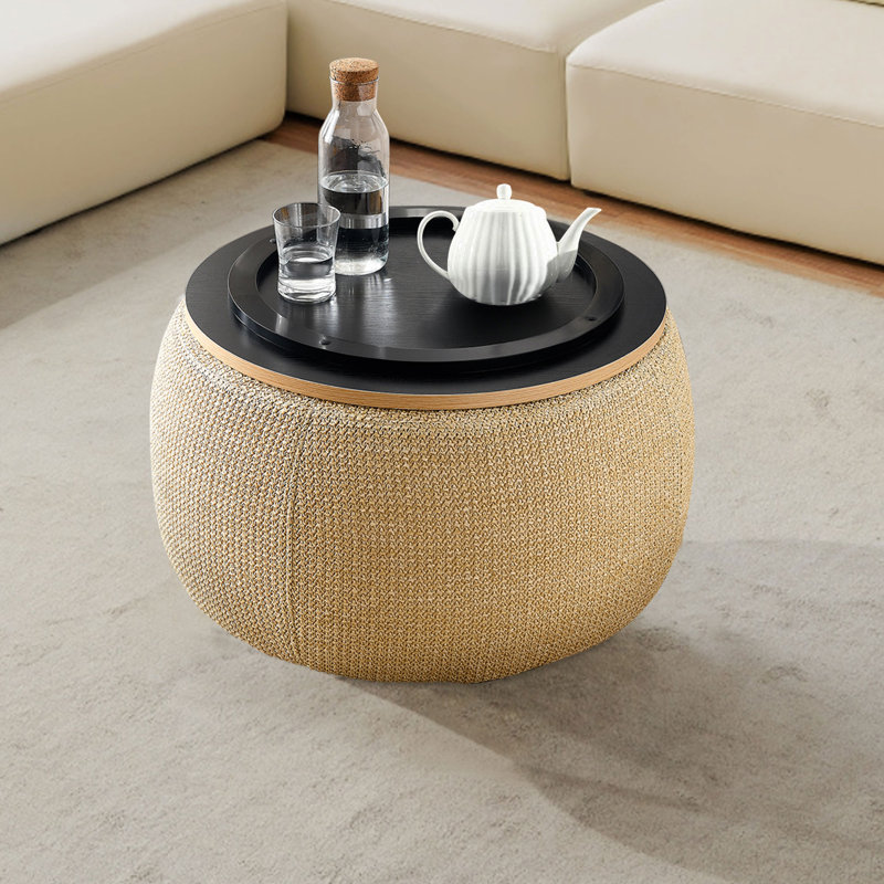 Repose-pieds de rangement rond de 25,5 po avec couvercle amovible, repose-pieds rembourré d'aspect lin et table basse