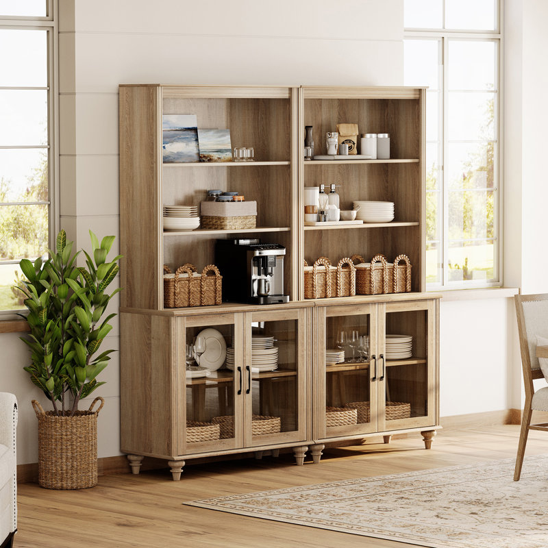 Sideboard Cabinet With Bar Hutch, Buffet Cabinet With Glass Doors And 5 Tier Shelve, Oak, 68''