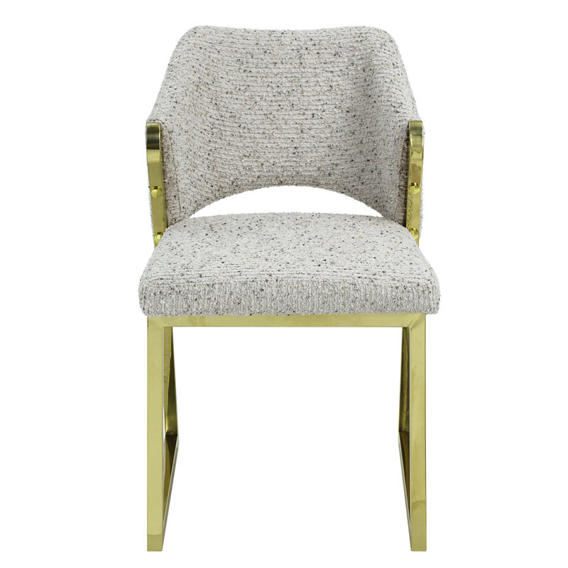 Beige and Gold Upholstered Boucle Wing Back Dining Side Chair