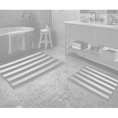 2 Piece Set Large Charcoal Grey White Stripe Soft Cozy Plush Chenille Bath Mat Bathroom Rug
