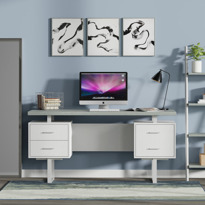 Bureau 60 po Auniya, Plateau gris, corps blanc, métal blanc / quincail