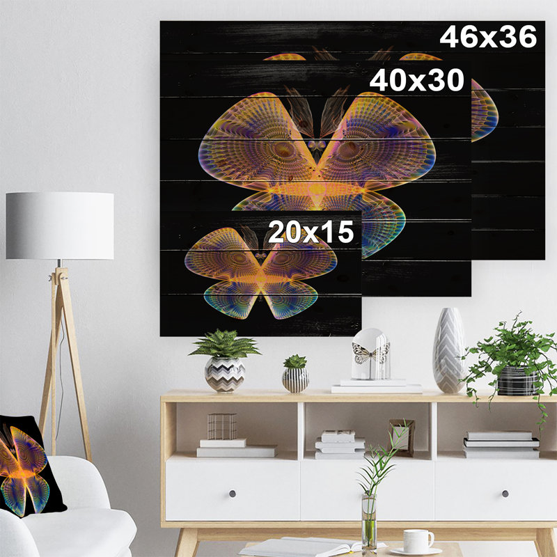 « blue yellow fractal papillon », impression sur toile foncée, H 15 po x l 20 po x P 1 po, Bois