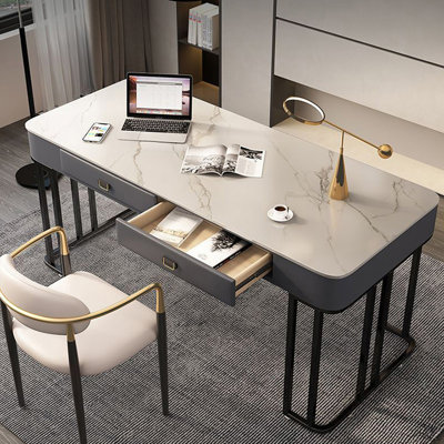 White Rectangular Sintered Stone Executive desk with drawers desk