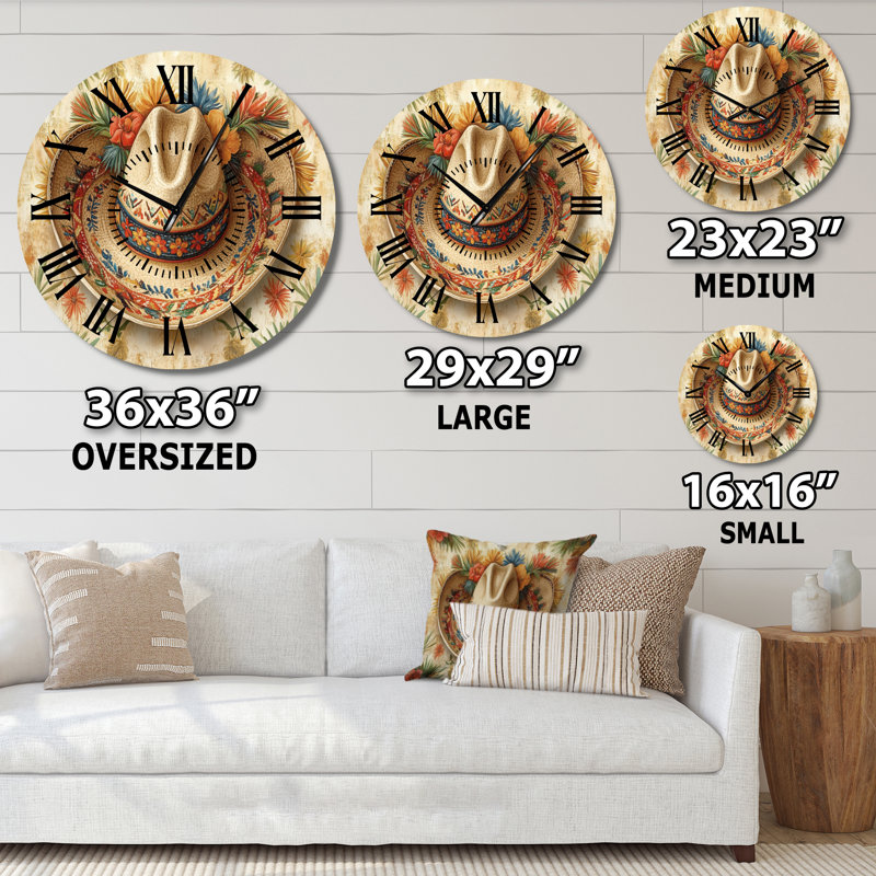 Sombrero d'héritage mexicain - Horloge murale ronde silencieuse en métal de style bohème, Petit