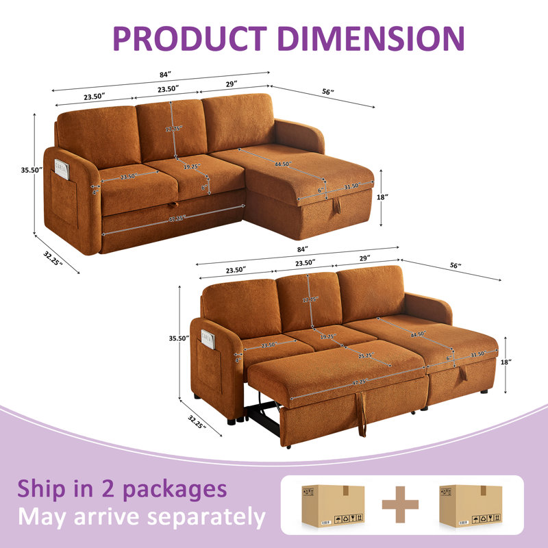 84'' Pull-Out Sofa Bed With Storage Chaise And Side Pockets, Curry Polyester
