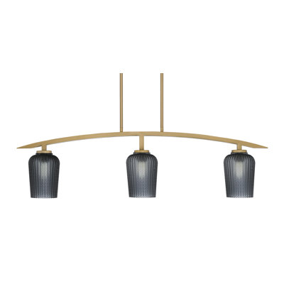Kurve 3 Light Island Light Shown In New Age Brass Finish With 5" Textured Glass