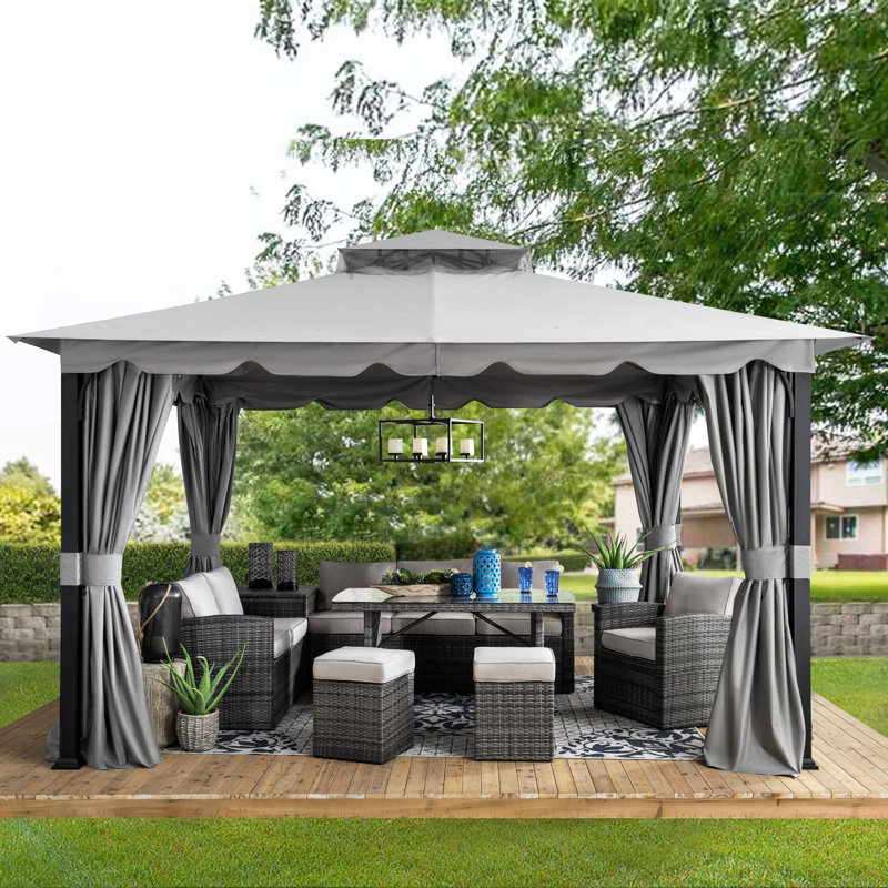 Sunjoy Soft Top Gazebo 11 ft. x 13 ft. Steel Gazebo with 2-Tier Hip Roof,Netting and Curtain,Metal Structure, Gray
