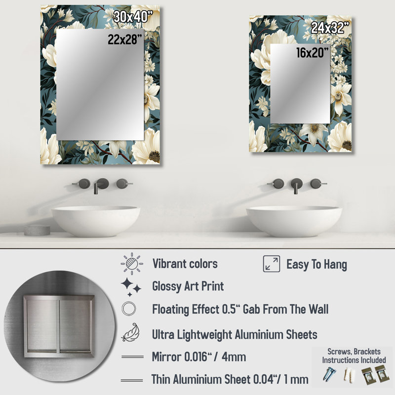Zharyah blanc et bleu délicat coquelicots fleurs - miroir unique floral, grand miroir mural de maison, art en métal imprimé