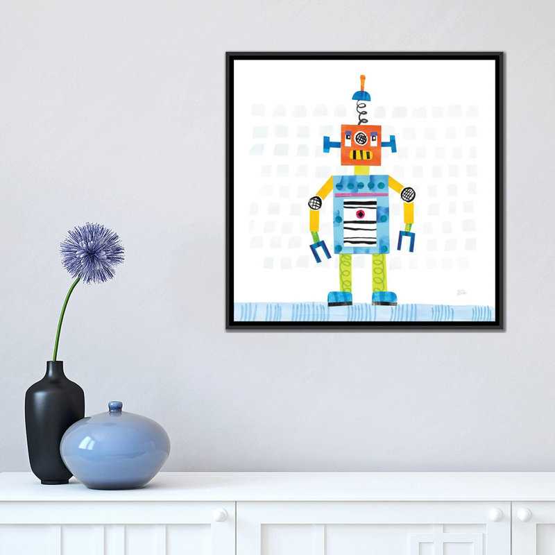 « robot party ii » par melissa averinos, peinture sur toile, H 26 po x l 26 po x P 1,5 po, Toile avec cadre noir