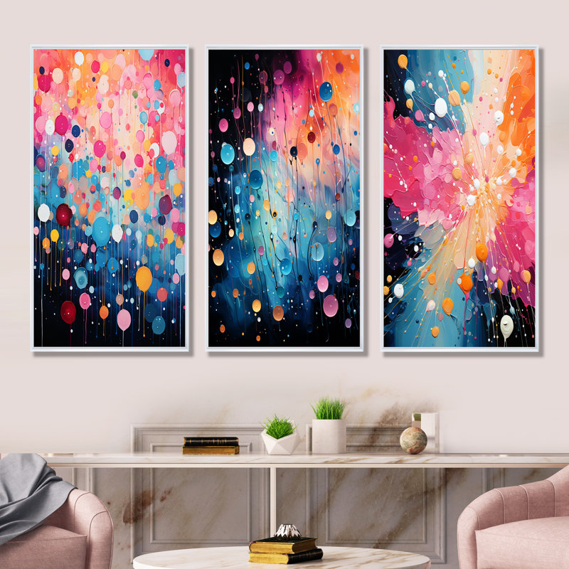 Rose et bleu néon Pop Art I - ensemble de 3 impressions sur toile Pop Art, H 40 po x l 60 po, Cadre flottant blanc