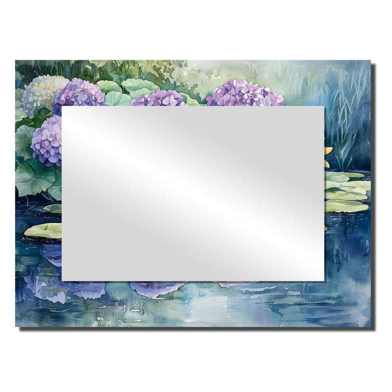 Hortensias et lys au bord du lac II - Art mural miroir décoratif floral - imprimé sur métal, 24 po x 32 po