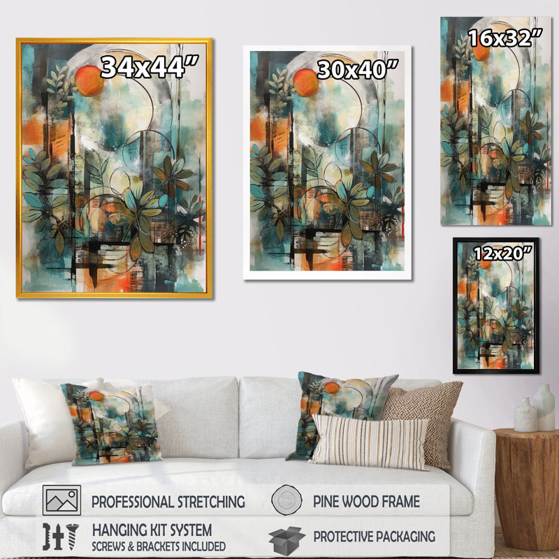 «Hedley Orange and Green Abstract Bohemia II», reproduction sur toile, Cadre photo noir, H 20 po x l 12 po x P 1 po
