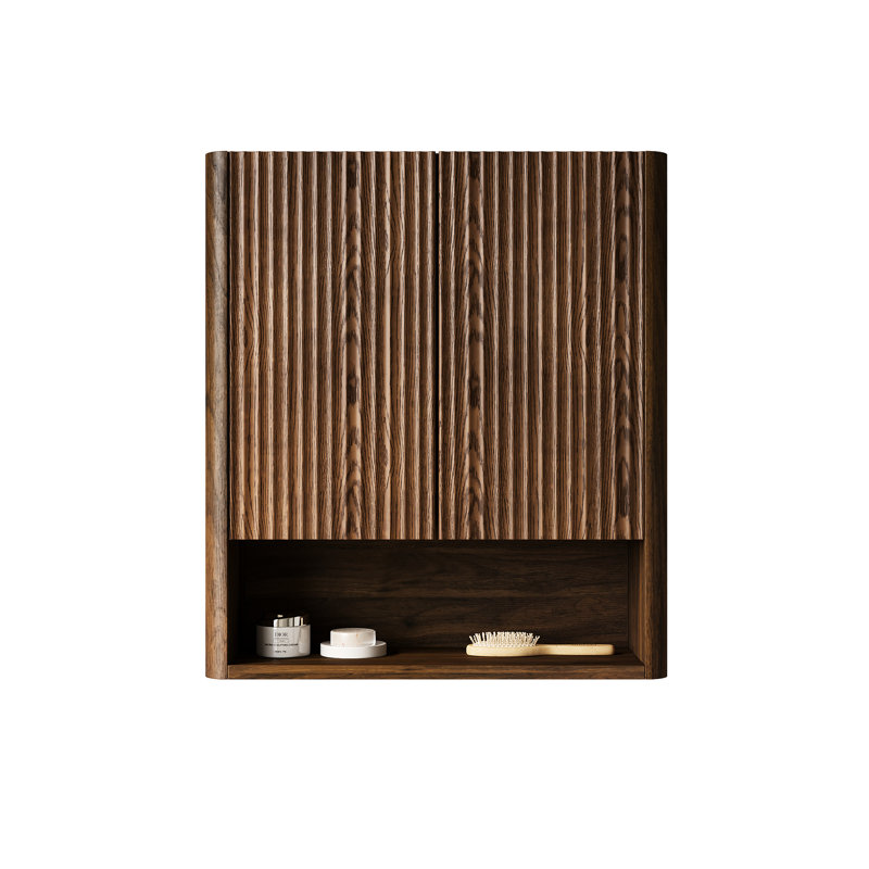 Armoire de salle de bain rayée noyer foncé au-dessus de la toilette, taille 26 po, panneaux de porte en bois massif, conception de grille sur la porte, système, contreplaqué, armoire de rangement spacieuse, hauteur, couleur, texture rainurée 3D, mécanisme