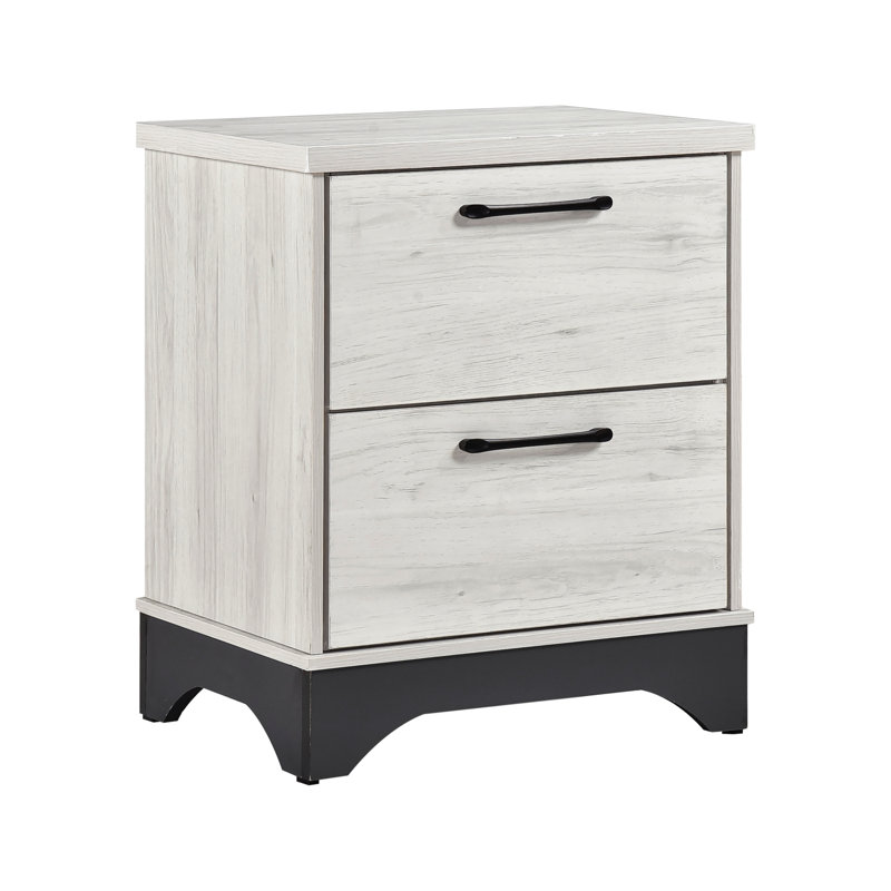 Armoire de chevet contemporaine avec 2 tiroirs au fini chêne blanc et gris, glissières à roulement facile, poignées de bar noires, table de chevet 2 chambres entièrement construite, glissade performante, décoration sans installation