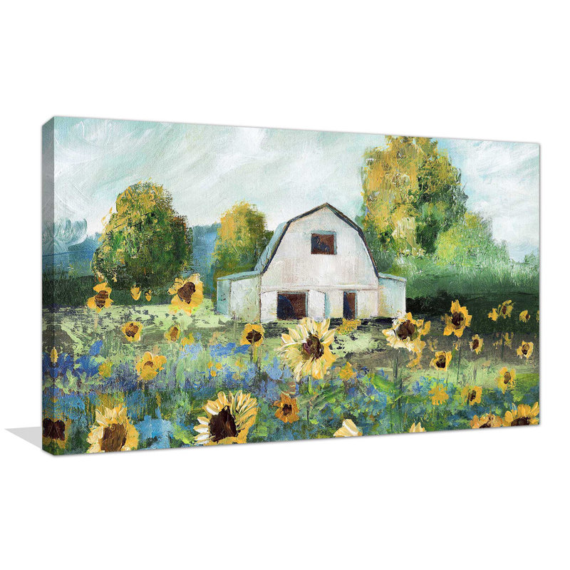 Sunflower Barn par - Peinture, Toile tendue, H 28 po x l 48 po x P 1,5 po