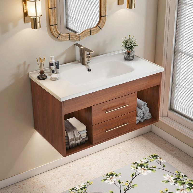 Meuble-lavabo simple 35,4 po avec lavabo encastré en céramique et tiroirs de rangement intégrés