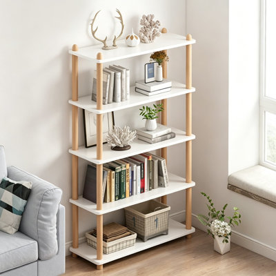 5-Tier Wooden Shelf Bookcase, Modern Open Bookshelf, Freestanding Storage Rack, Multifunctional Display Stand for Home Office, White