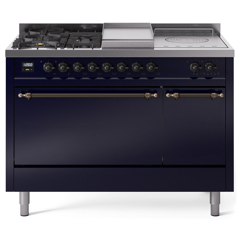 ILVE Nostalgie II 48 in Dual Fuel Range, 5 Burner, Griddle, Frenchtop, Natural Gas, Midnight Blue/Bronze