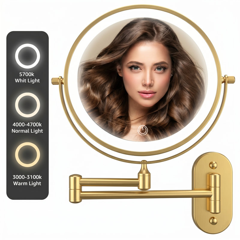 LED Round Metal Wall Mirror Rechargeable Makeup Mirror, Gold, 10