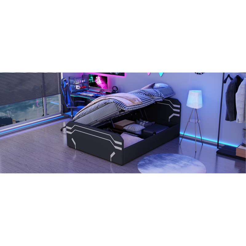 Queen Size Upholstered Gaming Bed with Side-Lift Hydraulic Storage System, Cyberpunk Style Platform Bed with Futuristic Pattern for Gamers & Gen Z