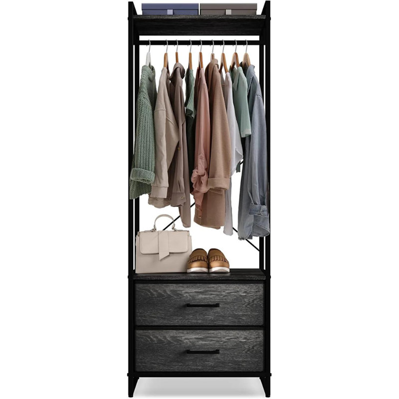 Portable Black and Gray Wood Clothing Rack with Drawers