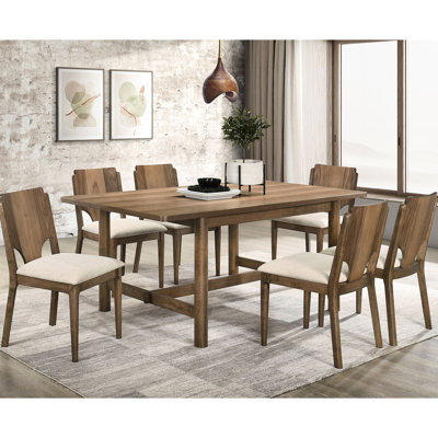 Rectangular 7 Walnut Dining , Mid-century Modern Design, Trestle Table, Beige Seats Shape, Look, Base, Fabric
