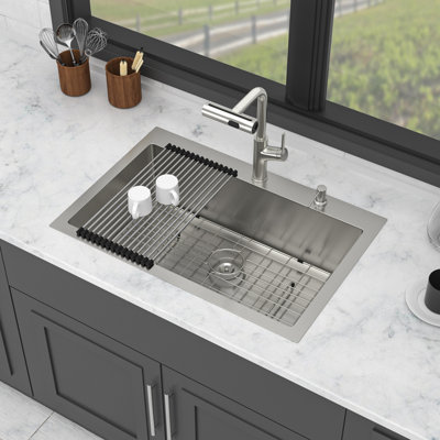 30" Drop-In Kitchen Sink With Pull-Out Faucet And Soap Dispenser - 30 X 22 X 10 Inch Single Bowl 16 Gauge Stainless Steel Topmount Kitchen Sink Basin