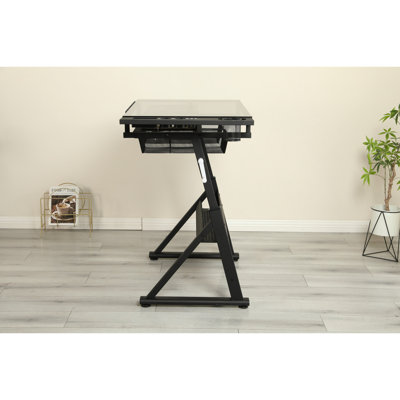 Hand Crank Adjustable Tempered Glass Drafting Table With Chair And Storage For Study Bedroom - 0 70 Degrees Angle, 29.52" 37.8" Height, 24" Slide Up P