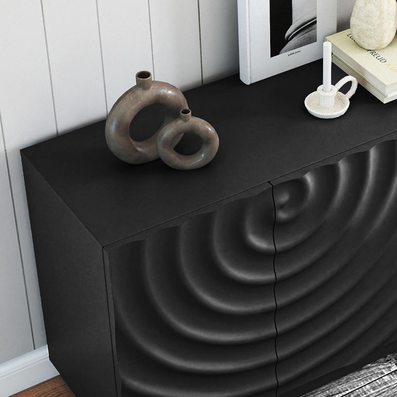 Buffet 59 po avec grain spiralé et armoire moderne à 4 portes pour le rangement de la cuisine ou du salon, noir, Noir