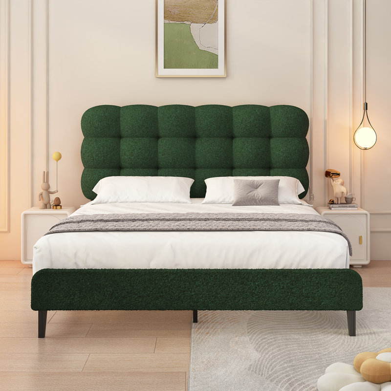 Tête de lit tapissier Aadi, lit plateforme avec support en lattes de bois robuste, conception à deux formes de lit, Grand lit