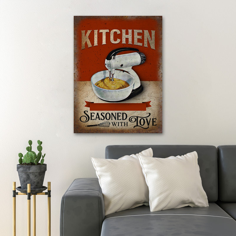 Mélangeur de farine blanche sur fond rouge - "Kitchen Seasoned With Love", impression rectangulaire sur toile tendue 1 pièce