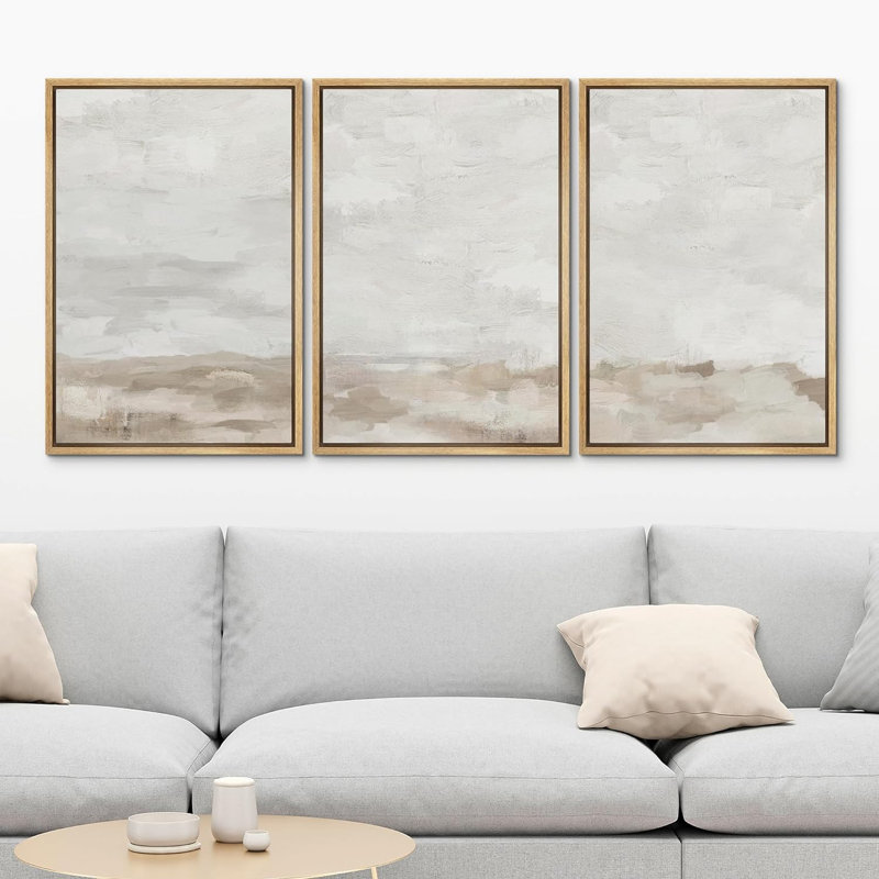 Minimal Landscape Muted Neutral Abstract Landscape Modern Organic Minimalist Framed Canvas 3 Pieces Print Wall Art, Natural
