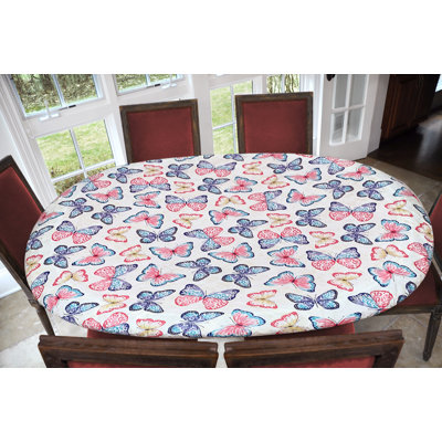 Rosalind Wheeler Deluxe Elastic Edged Flannel Backed Vinyl Fitted Table Cover - Butterfly Pattern - Oblong/Oval - Fits Tables Up To 48" W X 68" L in , 48" x 68"