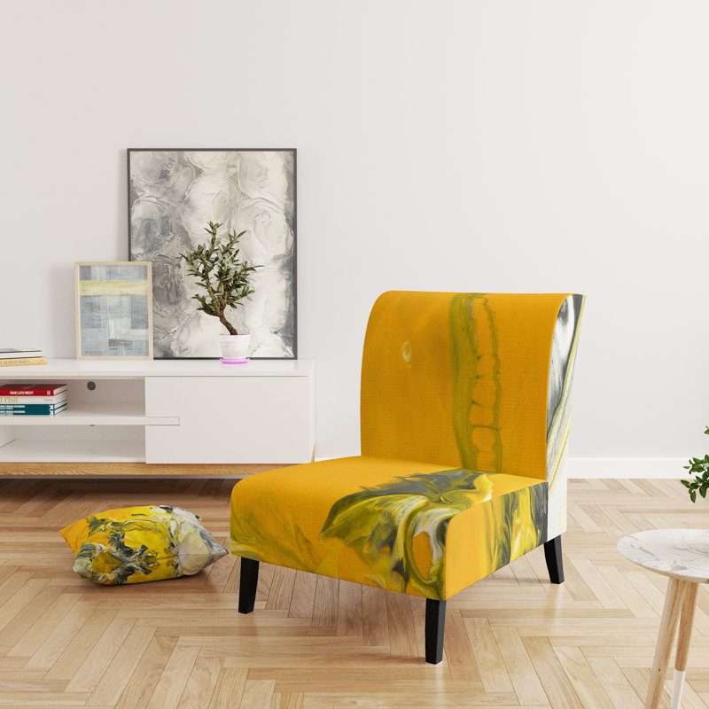 White and Yellow Marbled Acrylic with A Cloud of Black - Modern Upholstered Slipper Chair