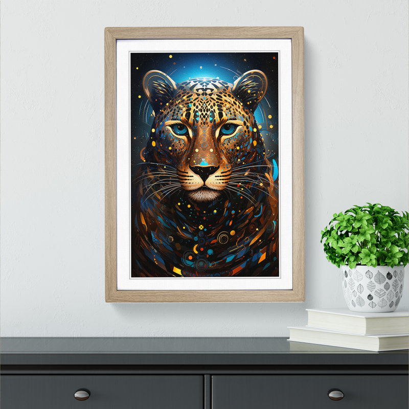 XYZ-FRM-V1223-4168 Leopard Futurism - Single Picture Frame Print on Wood, 64cm H x 46cm W x 2cm D, Oak