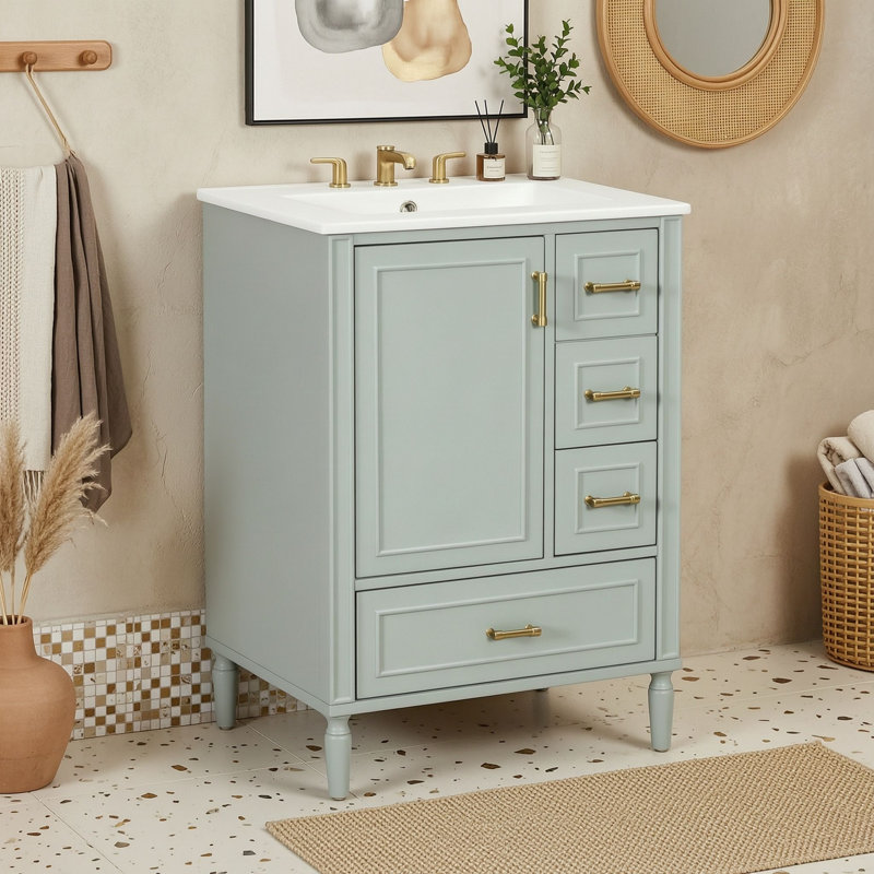 Meuble-lavabo de salle de bain avec lavabo en céramique et 3 tiroirs, Vert