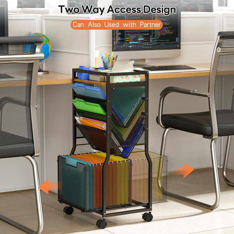 8-Tier Rolling File Cart with Hanging File Folders & 2-Sided Bookcase for Office/Home Organization