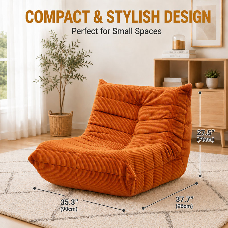 Fauteuil à billes sans accoudoirs Boneless Lazy, 35.4" x 37.8" x 27.5", Corduroy Orange