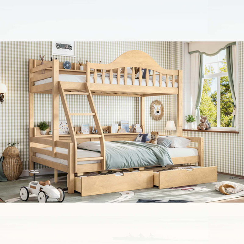Lit simple superposé au dessus d'un lit double avec rangement, garde-corps courbés et tablettes latérales, structure en bois massif, aucun sommier nécessaire, finition naturelle