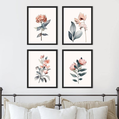 Minimal Botanical IDÉE4WALL, art mural encadré de fleurs rose pastel sarcelle et rose, ensemble de 4 impressions murales nature sauvage, décoration murale botanique floral pour le salon, impression encadrée de chambre à coucher 4 pièces
