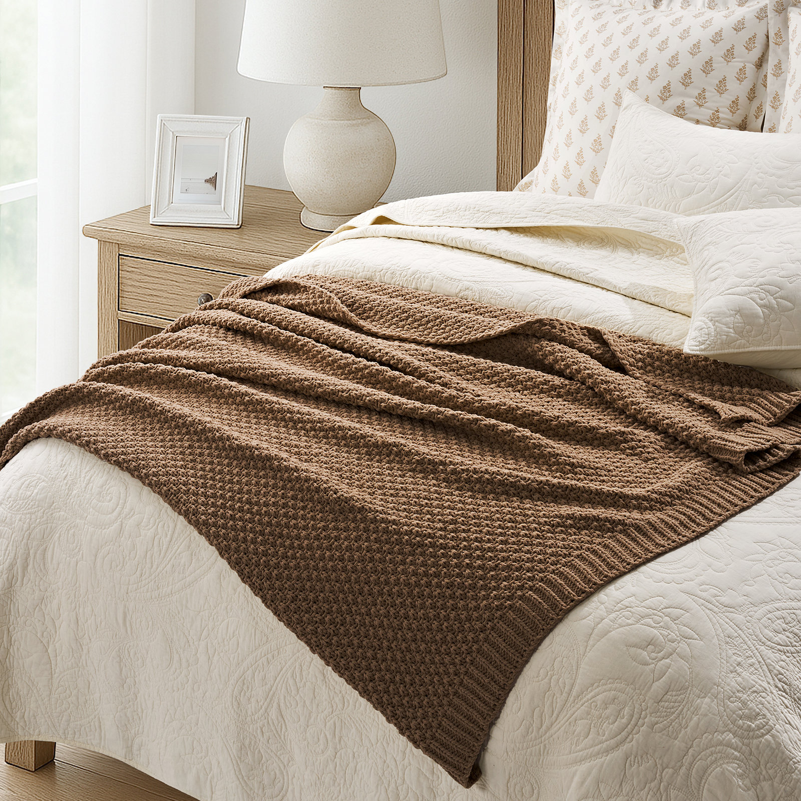 Chunky Chenille Knit Throw Blanket, 80" L x 60" W, Camel Brown