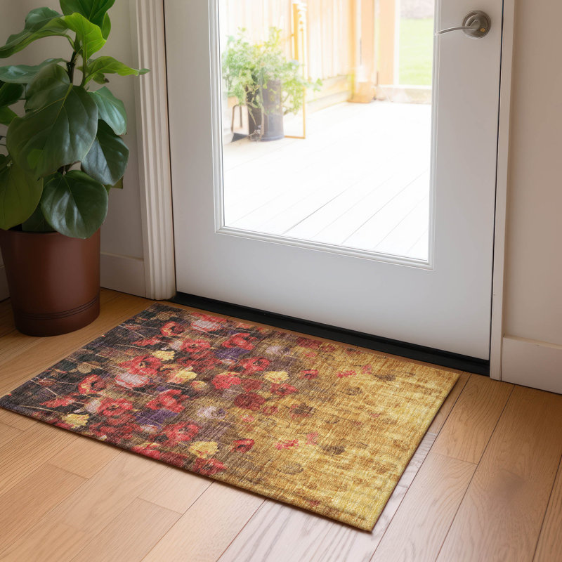 Gold Floral Rectangular Machine Washable Synthetic Rug 1'8" x 2'6"