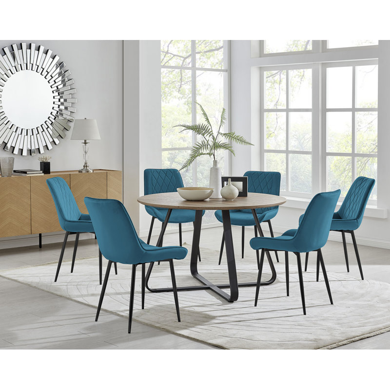 Sandy Classic Wood Effect & Metal Dining Table Set with 6 Luxury Velvet Dining Chairs, Blue/Black