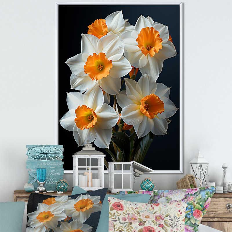 «White Orange Daffodils Bloossom», reproduction sur toile, Cadre flottant blanc, H 44 po x l 34 po x P 1,5 po